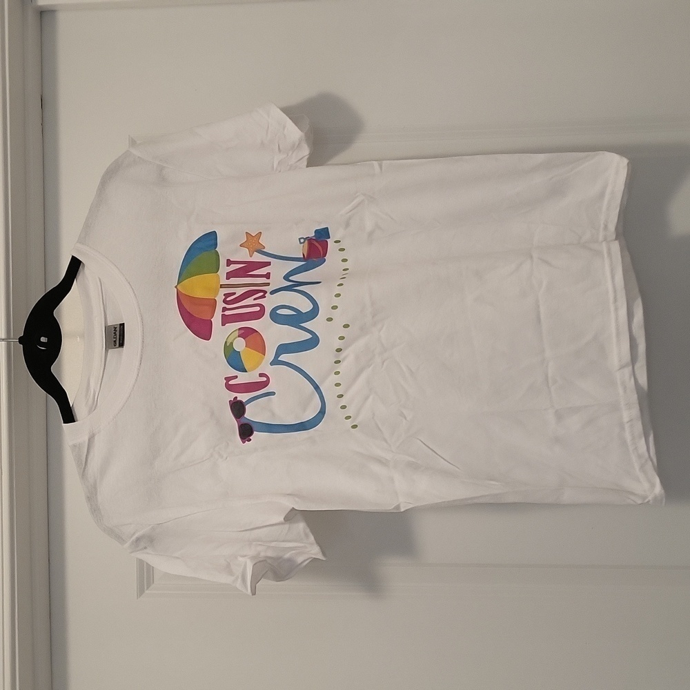 Cousin Crew Beach Vacation T-shirt White with Blue & Pink Lettering‎ Size YM